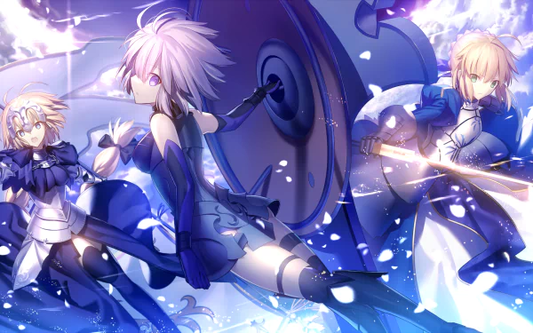 HD desktop wallpaper featuring Artoria Pendragon, Jeanne d'Arc, and Mashu Kyrielight from the Fate Series, including Fate/Grand Order, in an anime-style artwork with a blue-toned background.