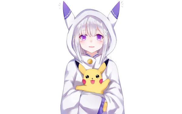 HD wallpaper featuring Emilia from Re:Zero in a Pikachu-themed outfit, holding a Pikachu. This crossover image combines elements from Pokémon and Re:Zero - Starting Life in Another World.