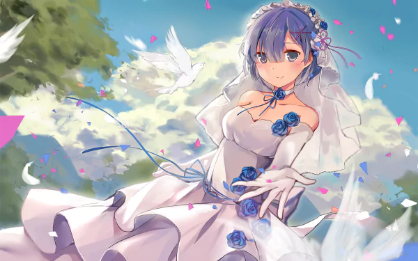 An HD desktop wallpaper featuring Rem from Re:Zero - Starting Life in Another World. She has blue hair, blue eyes, and is wearing a white dress adorned with blue flowers, set against a bright, vibrant background.