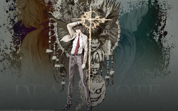 A striking HD desktop wallpaper featuring characters from the anime Death Note, showcasing a dramatic composition with light and dark elements that embody the series' themes.