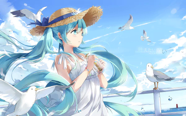 Anime-style HD wallpaper featuring Hatsune Miku with aqua hair and eyes, wearing a straw hat and white dress, holding a bird. Seagulls fly around her in a clear blue sky, creating a serene scene.