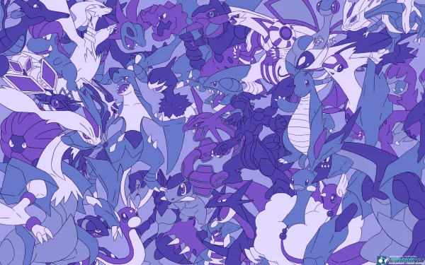 HD desktop wallpaper and background featuring various Pokémon characters from the anime in a vibrant, purple-toned collage.