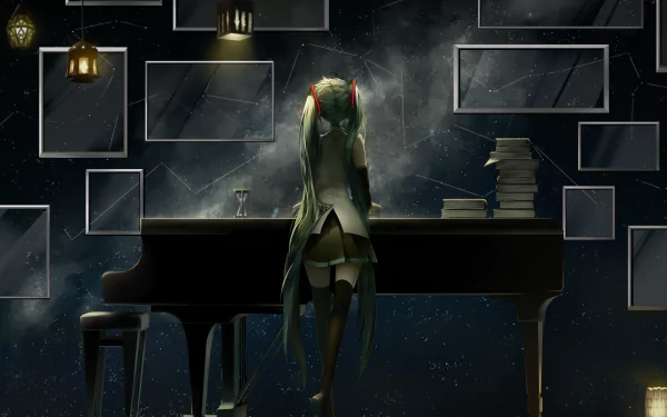 A captivating HD wallpaper featuring Hatsune Miku, the iconic Vocaloid character, standing at a piano against a starry backdrop with glowing lanterns and empty picture frames.