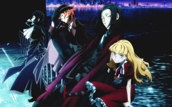 An anime scene featuring Ryūnosuke Akutagawa and Chuuya Nakahara from Bungou Stray Dogs, set against a vibrant city backdrop in stunning 8K Ultra HD.