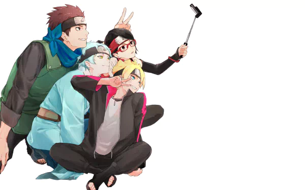 HD desktop wallpaper featuring Mitsuki, Sarada Uchiha, and Boruto Uzumaki from the anime Boruto, taking a selfie and posing playfully together.