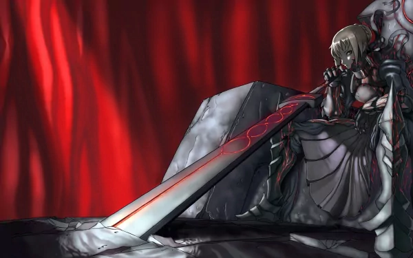 HD wallpaper of Saber Alter from the Fate/stay Night Movie: Heaven's Feel series. She sits in a dark, dramatic setting with a massive sword, against a red and black background.