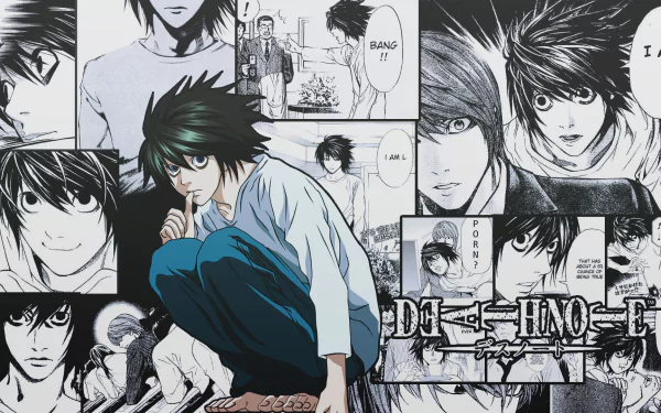 Anime-inspired HD desktop wallpaper featuring L from Death Note, surrounded by iconic illustrations and dialogue, capturing the essence of suspense and intrigue from the series.