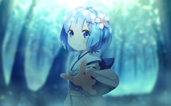 HD wallpaper of Rem from Re:ZERO - Starting Life in Another World, featuring her in an enchanting forest background with blue and green hues.
