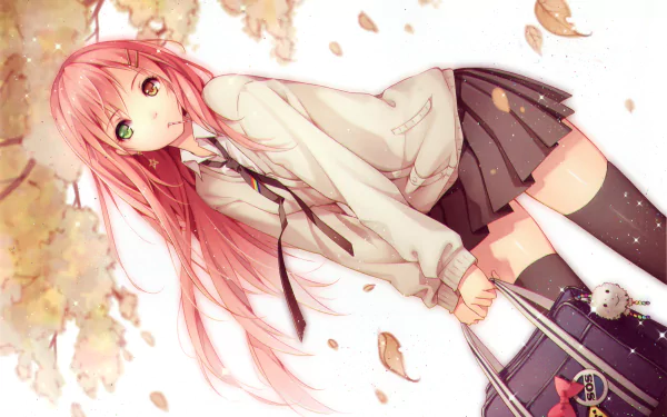 HD desktop wallpaper featuring an anime girl with pink hair, wearing a white shirt, black tie, and short skirt, holding a bag. The background has falling leaves and autumn colors.