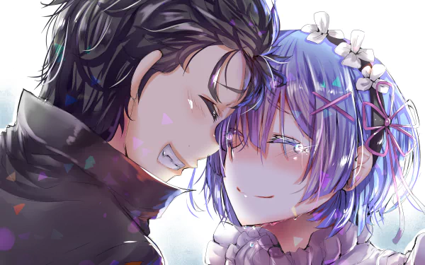 HD wallpaper of Subaru Natsuki and Rem from Re:Zero - Starting Life in Another World sharing a touching moment. Rem has short blue hair adorned with accessories.