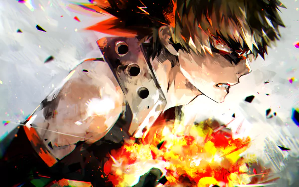 HD desktop wallpaper featuring Katsuki Bakugou from the anime My Hero Academia, showcasing an intense action scene with Bakugou unleashing an explosive attack.