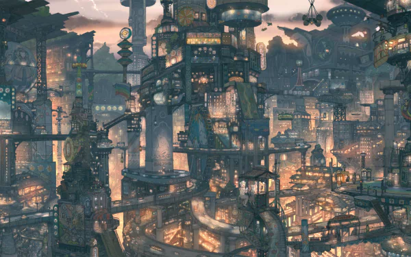 Futuristic anime cityscape at night with vibrant lights and detailed architecture, creating an immersive HD desktop wallpaper.