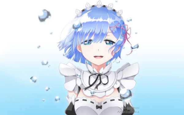 An HD wallpaper featuring Rem from Re:ZERO, showcasing her blue hair and eyes. She is depicted with tears, conveying a touching emotional moment in a serene background.