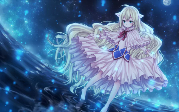 HD desktop wallpaper featuring Mavis Vermilion from the anime Fairy Tail, standing gracefully in a celestial, starry background with flowing blonde hair and a pastel outfit.
