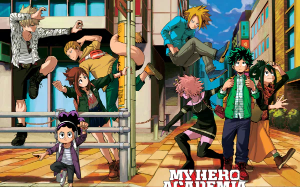 HD wallpaper featuring characters from My Hero Academia: Tsuyu Asui, Minoru Mineta, Denki Kaminari, Mashirao Ojiro, Mina Ashido, Katsuki Bakugou, Ochaco Uraraka, and Izuku Midoriya in a city setting.
