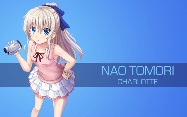 HD desktop wallpaper featuring Nao Tomori from the anime Charlotte, showcasing her with a camera against a vibrant blue background.