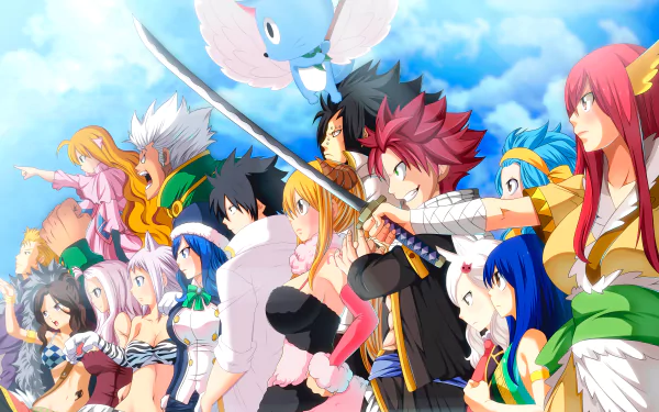 HD desktop wallpaper of Fairy Tail anime featuring numerous characters in a dynamic and colorful stance, with a vibrant background.