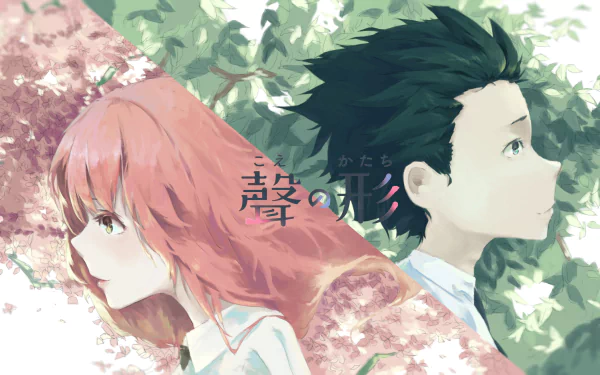 HD wallpaper featuring Shouya Ishida and Shouko Nishimiya from the anime A Silent Voice. The characters are illustrated in profile against a backdrop of lush foliage and cherry blossoms.