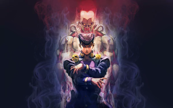 HD wallpaper featuring Josuke Higashikata and his Stand, Crazy Diamond, from Jojo's Bizarre Adventure: Diamond Is Unbreakable. They stand confidently with ethereal smoke swirling around them.