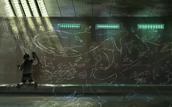 HD anime desktop wallpaper featuring an original artwork of a person drawing intricate sketches on a wall in a dimly lit room with green neon lights overhead.