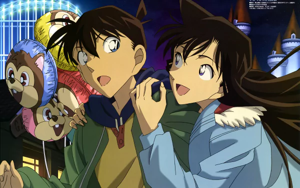 HD desktop wallpaper of Anime series Detective Conan, featuring two characters amidst a colorful, lively background with balloons shaped like animals.