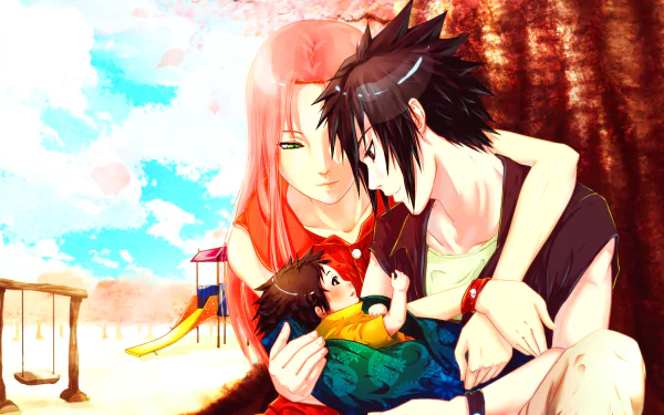 HD desktop wallpaper featuring Sarada Uchiha with long hair, Sakura Haruno, and Sasuke Uchiha from the anime Naruto, enjoying a peaceful family moment against a bright, playful outdoor backdrop.