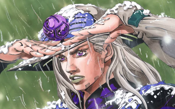 HD desktop wallpaper featuring Gyro Zeppeli from the anime Jojo's Bizarre Adventure, shown in a snow-streaked scene with intense expression.