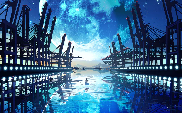 HD anime wallpaper showing a lone figure in a dress standing on a reflective surface, with a large moon and industrial structures on the horizon under a starry sky.