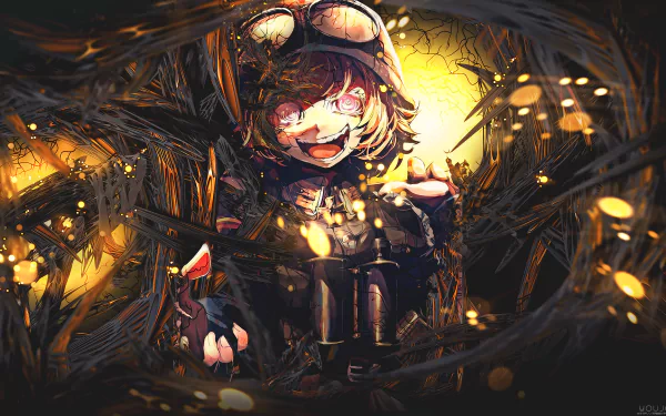 HD desktop wallpaper featuring Tanya Degurechaff from the anime Youjo Senki, surrounded by dark elements and golden lights, with an intense and dynamic visual style.