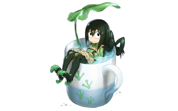 HD desktop wallpaper featuring an Anime character from My Hero Academia lounging in a cup filled with water, holding a leaf above their head.
