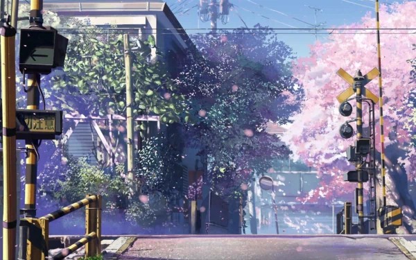 HD anime wallpaper featuring a serene scene from 5 Centimeters per Second with cherry blossoms and a railway crossing.