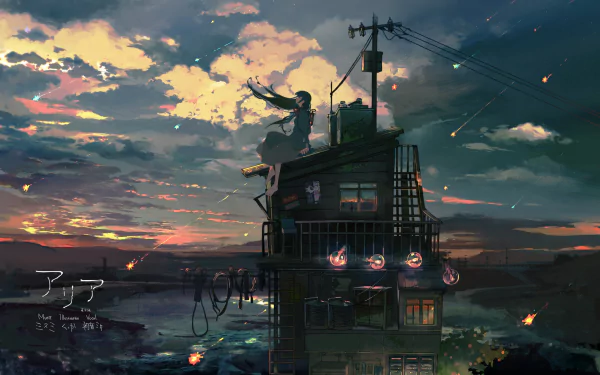Anime HD desktop wallpaper of a girl with long hair sitting on a rooftop at sunset, with light bulbs and shooting stars in the sky, and clouds over surrounding buildings and houses.
