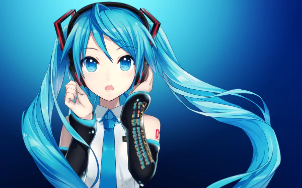 HD desktop wallpaper featuring Hatsune Miku, an Anime Vocaloid character with long blue hair and blue eyes, set against a vibrant blue background.