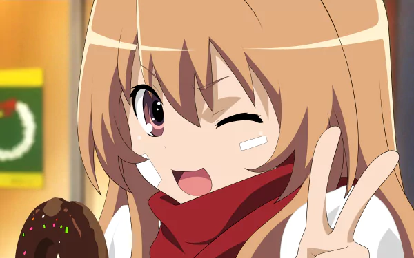 HD desktop wallpaper featuring Taiga Aisaka from the anime Toradora!, smiling and winking while holding a doughnut and making a peace sign.