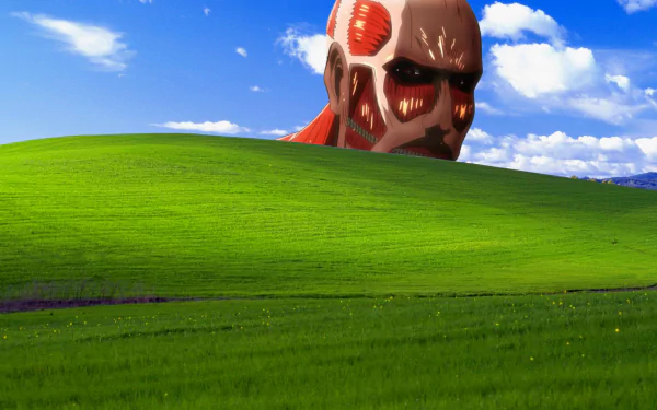 A striking HD anime wallpaper featuring a dramatic scene from Attack on Titan, with a towering Titan looming over lush green hills under a bright blue sky.