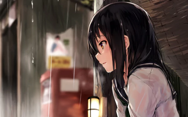 An anime girl in a school uniform shelters from the rain under a roof, with raindrops falling around her. The background features a softly blurred scene and a glowing lantern. HD desktop wallpaper.
