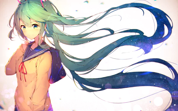 HD desktop wallpaper featuring Hatsune Miku with aqua hair in twintails, wearing a school uniform with a ribbon. She smiles with aqua eyes, a blush on her face, and her long hair flowing in the wind.