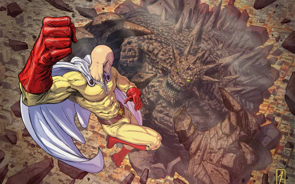 HD desktop wallpaper featuring Saitama from One-Punch Man in a powerful pose, ready to punch, with a defeated dragon-like creature in the background amidst rubble.
