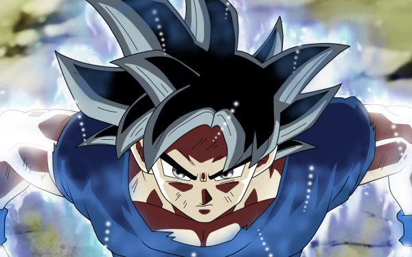 HD wallpaper featuring Goku from Dragon Ball Super, depicted in his Ultra Instinct transformation with an intense expression.