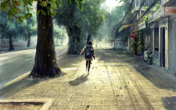 HD anime wallpaper depicting a person running with a backpack on a tree-lined street, with wind blowing leaves around. The serene, shaded street is bordered by buildings and exudes a tranquil atmosphere.