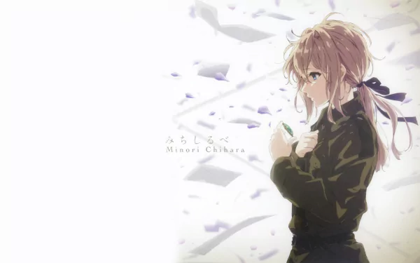 HD desktop wallpaper featuring the anime character Violet Evergarden from Violet Evergarden, standing with letters floating around her, and a light background with the text Minori Chihara.