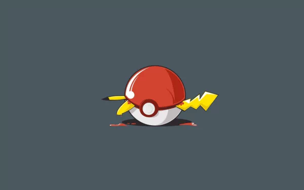 HD desktop wallpaper featuring Pikachu halfway inside a Pokéball against a dark gray background. The design is inspired by the Pokémon anime.