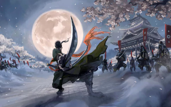 Roronoa Zoro from One Piece stands ready for battle, wielding his swords against a backdrop of a full moon, a traditional Japanese temple, and cherry blossoms in this HD anime wallpaper.