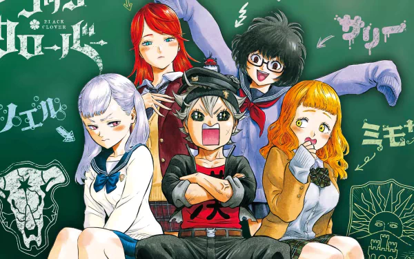 HD desktop wallpaper featuring Sally, Mimosa Vermillion, Noelle Silva, and Asta from the Anime Black Clover, posing in front of a green background with their names and symbols.