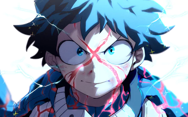 HD desktop wallpaper featuring Izuku Midoriya from My Hero Academia, showcasing an intense close-up with vibrant lightning effects.