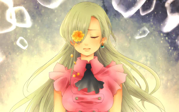Anime character Elizabeth Liones from The Seven Deadly Sins, with grey hair, a flower and earrings, is crying with tears streaming down her face. She wears a pink outfit, making a serene HD desktop wallpaper.