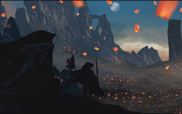 Anime HD wallpaper featuring a night scene with a full moon, floating lanterns, and a mountainous landscape. Silhouetted characters add to the mystical ambiance of the original artwork.