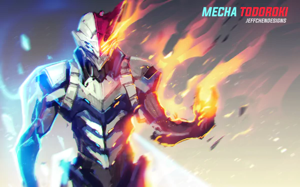 HD desktop wallpaper featuring Mecha Todoroki from My Hero Academia, depicted in a dynamic pose with fiery effects.