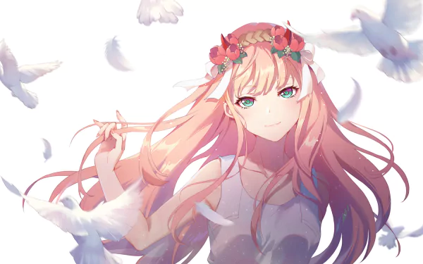 HD desktop wallpaper featuring Zero Two from the anime Darling in the FranXX. She's surrounded by white doves and has a delicate flower crown on her head, conveying a serene and ethereal atmosphere.