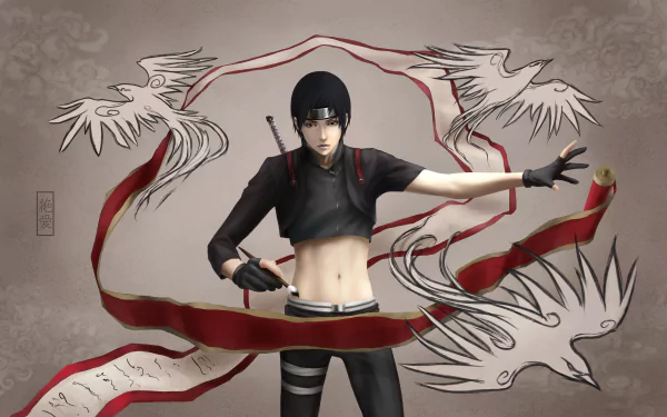 HD anime desktop wallpaper of Sai from Naruto, showcasing him against a backdrop with artistic scrolls and birds.